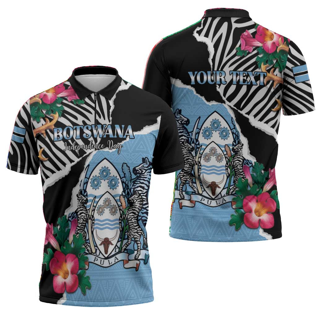 Personalized Botswana Independence Day Zipper Polo Shirt Coat Of Arms Devils Claw