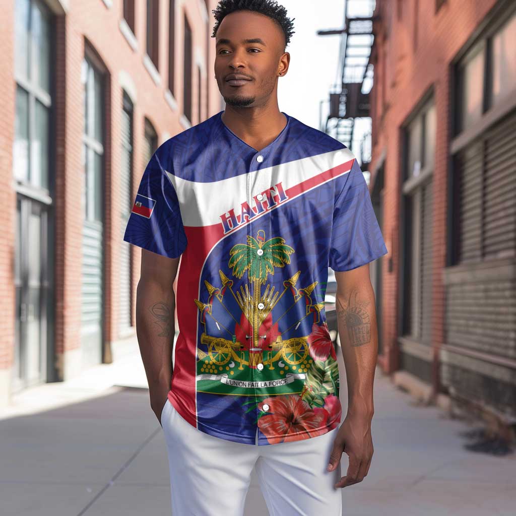 Haiti Neg Marron Baseball Jersey Ayiti Map - Hibiscus Polynesian Pattern - African Pride