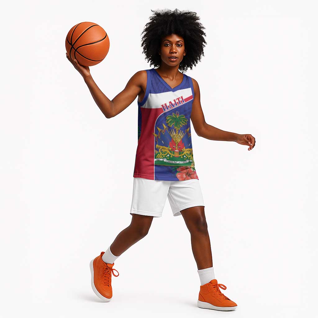 Haiti Neg Marron Basketball Jersey Ayiti Map - Hibiscus Polynesian Pattern - African Pride