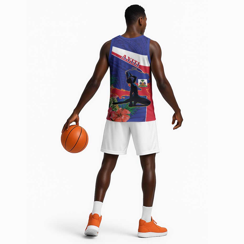Haiti Neg Marron Basketball Jersey Ayiti Map - Hibiscus Polynesian Pattern - African Pride
