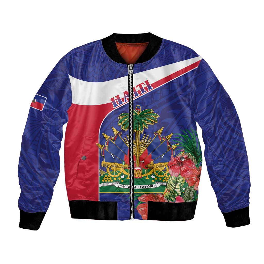 Haiti Neg Marron Bomber Jacket Ayiti Map - Hibiscus Polynesian Pattern - African Pride