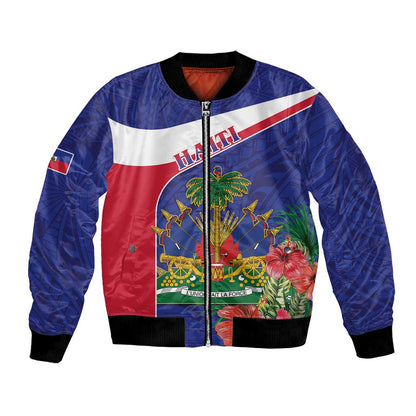 Haiti Neg Marron Bomber Jacket Ayiti Map - Hibiscus Polynesian Pattern - African Pride