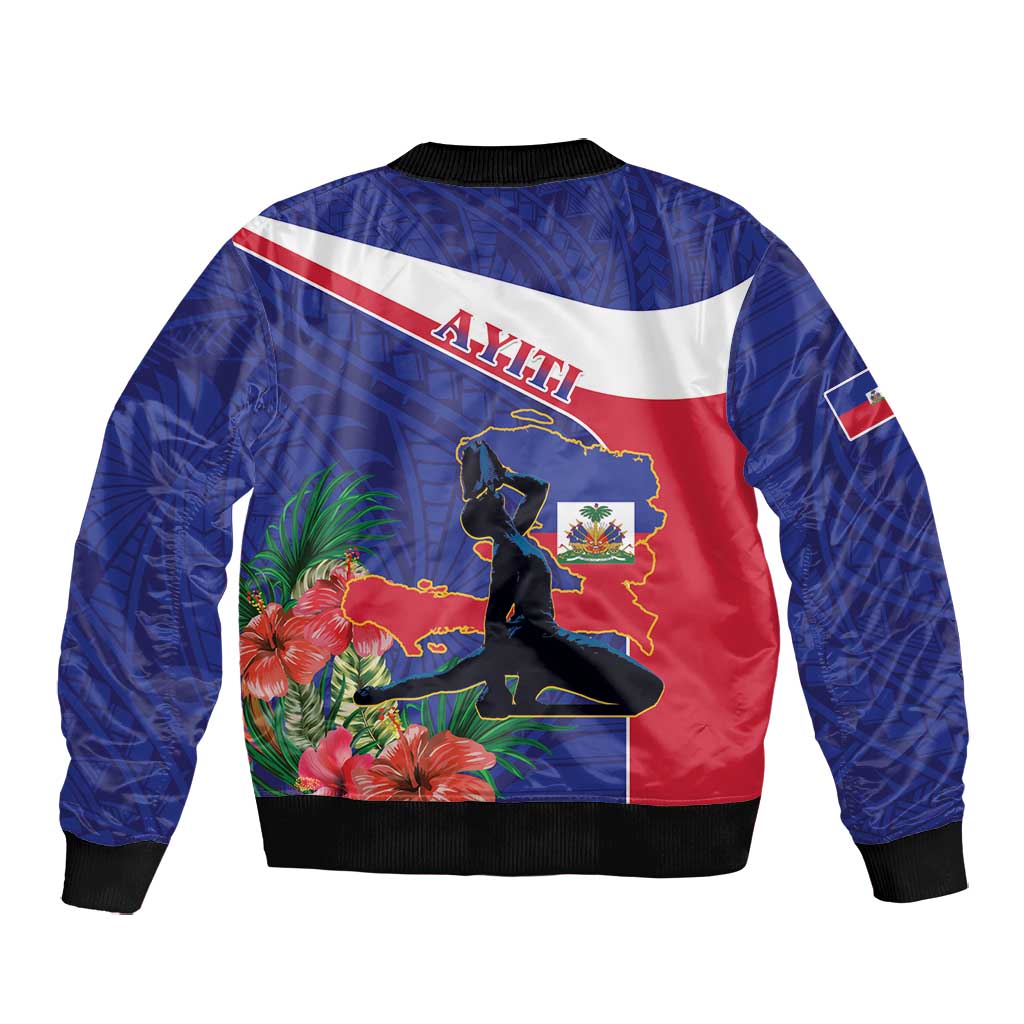 Haiti Neg Marron Bomber Jacket Ayiti Map - Hibiscus Polynesian Pattern - African Pride
