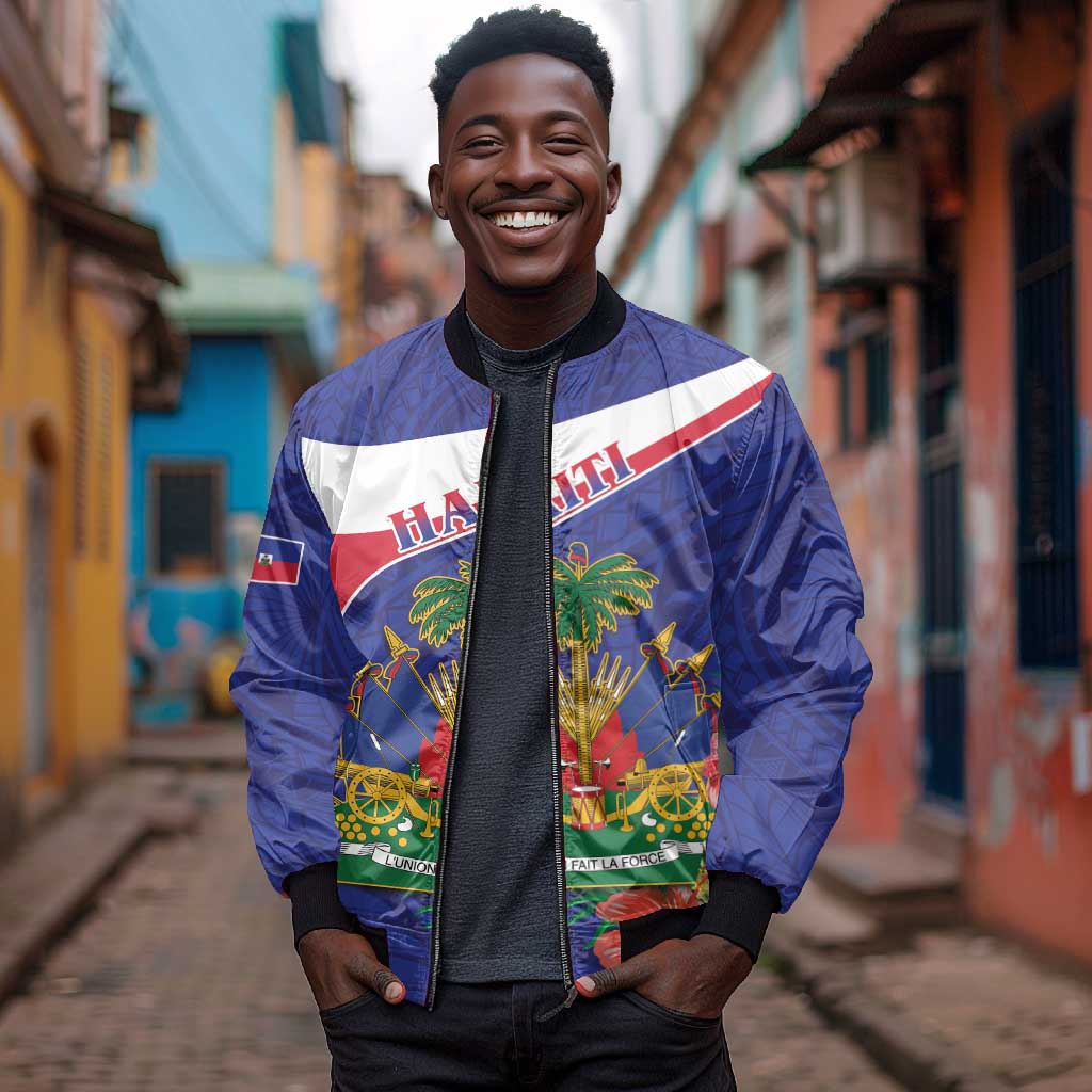 Haiti Neg Marron Bomber Jacket Ayiti Map - Hibiscus Polynesian Pattern - African Pride
