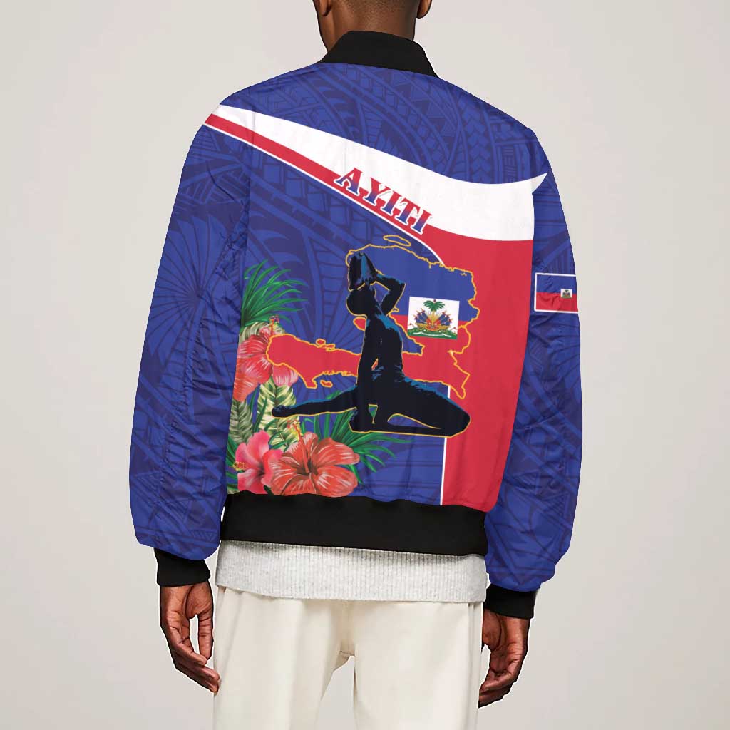 Haiti Neg Marron Bomber Jacket Ayiti Map - Hibiscus Polynesian Pattern - African Pride