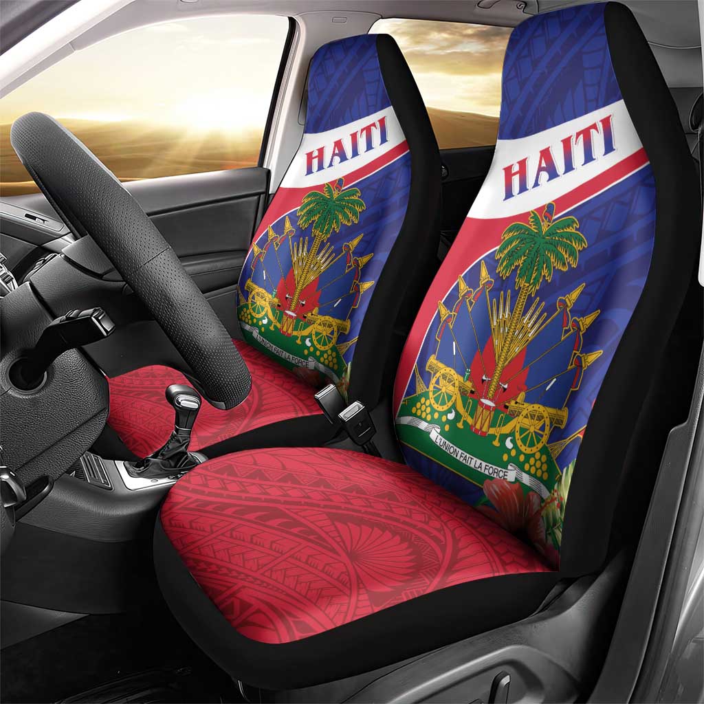 Haiti Neg Marron Car Seat Cover Ayiti Map - Hibiscus Polynesian Pattern - African Pride