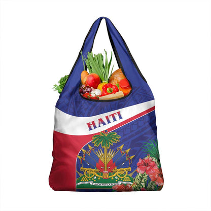 Haiti Neg Marron Grocery Bag Ayiti Map - Hibiscus Polynesian Pattern - African Pride