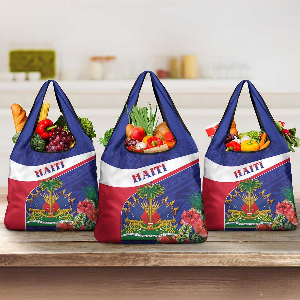 Haiti Neg Marron Grocery Bag Ayiti Map - Hibiscus Polynesian Pattern - African Pride