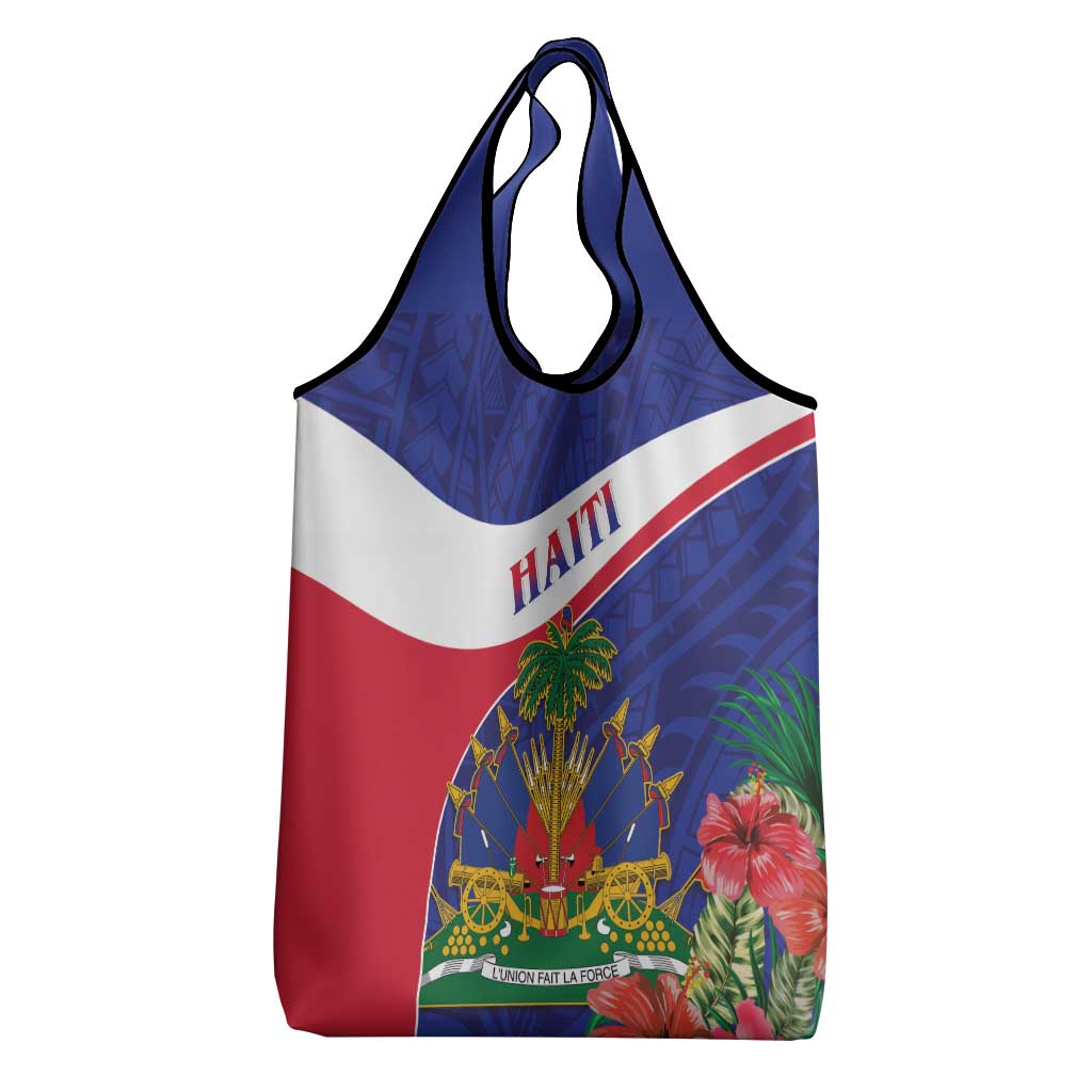 Haiti Neg Marron Grocery Bag Ayiti Map - Hibiscus Polynesian Pattern - African Pride