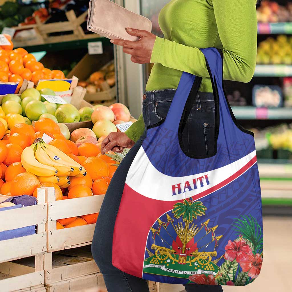 Haiti Neg Marron Grocery Bag Ayiti Map - Hibiscus Polynesian Pattern - African Pride