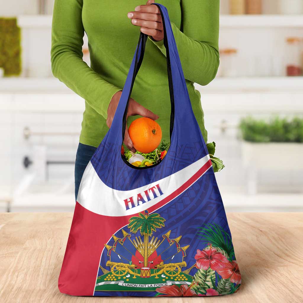 Haiti Neg Marron Grocery Bag Ayiti Map - Hibiscus Polynesian Pattern - African Pride