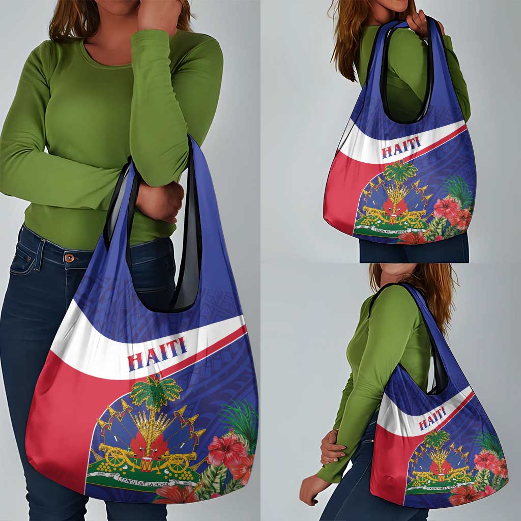 Haiti Neg Marron Grocery Bag Ayiti Map - Hibiscus Polynesian Pattern - African Pride