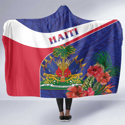 Haiti Neg Marron Hooded Blanket Ayiti Map - Hibiscus Polynesian Pattern - African Pride