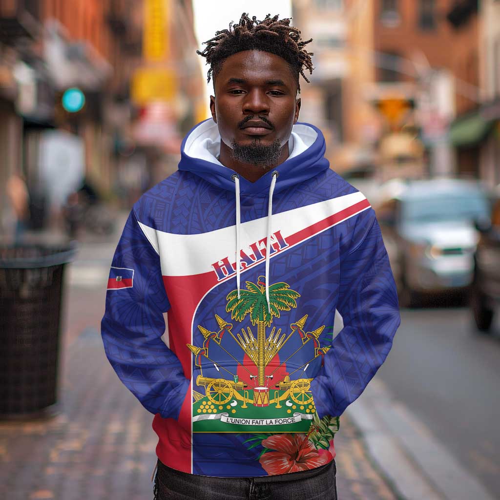 Haiti Neg Marron Hoodie Ayiti Map - Hibiscus Polynesian Pattern - African Pride
