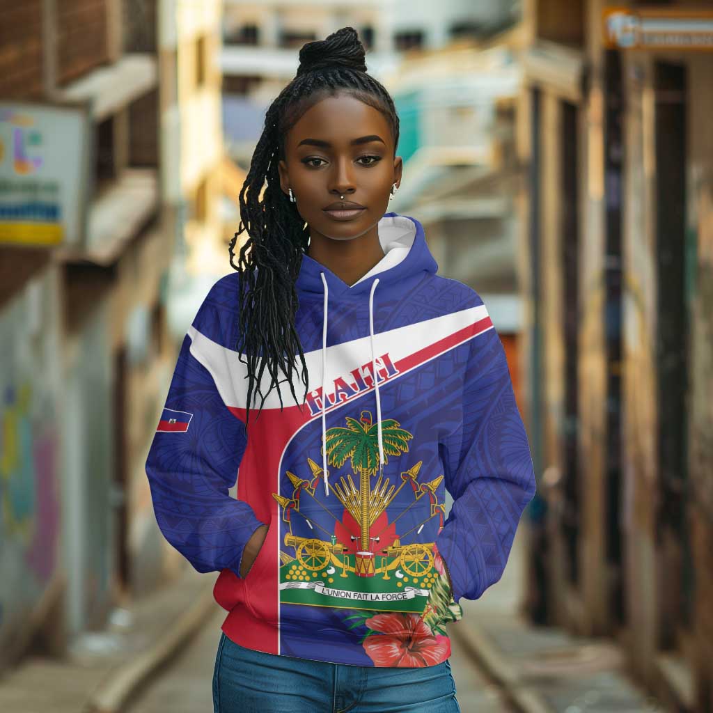 Haiti Neg Marron Hoodie Ayiti Map - Hibiscus Polynesian Pattern - African Pride