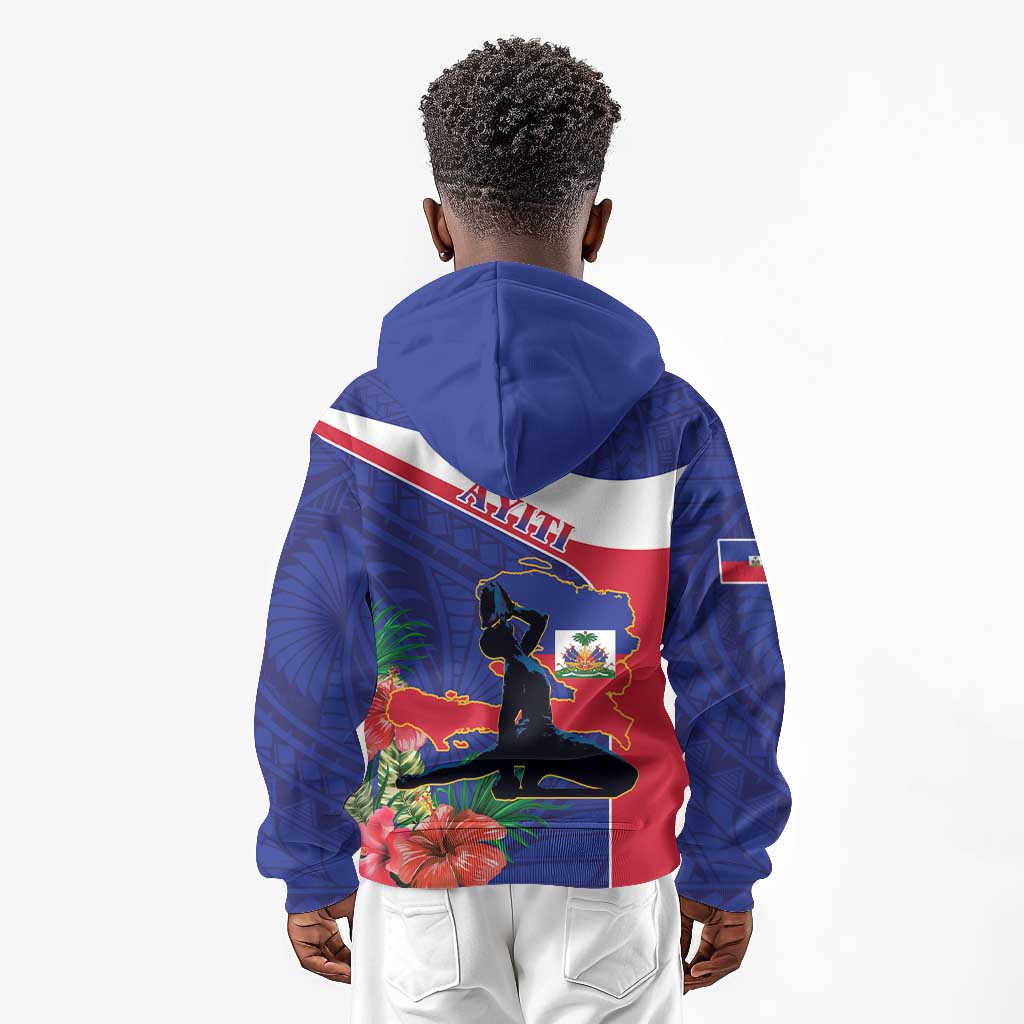Haiti Neg Marron Kid Hoodie Ayiti Map - Hibiscus Polynesian Pattern - African Pride