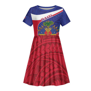 Haiti Neg Marron Kid Short Sleeve Dress Ayiti Map - Hibiscus Polynesian Pattern - African Pride