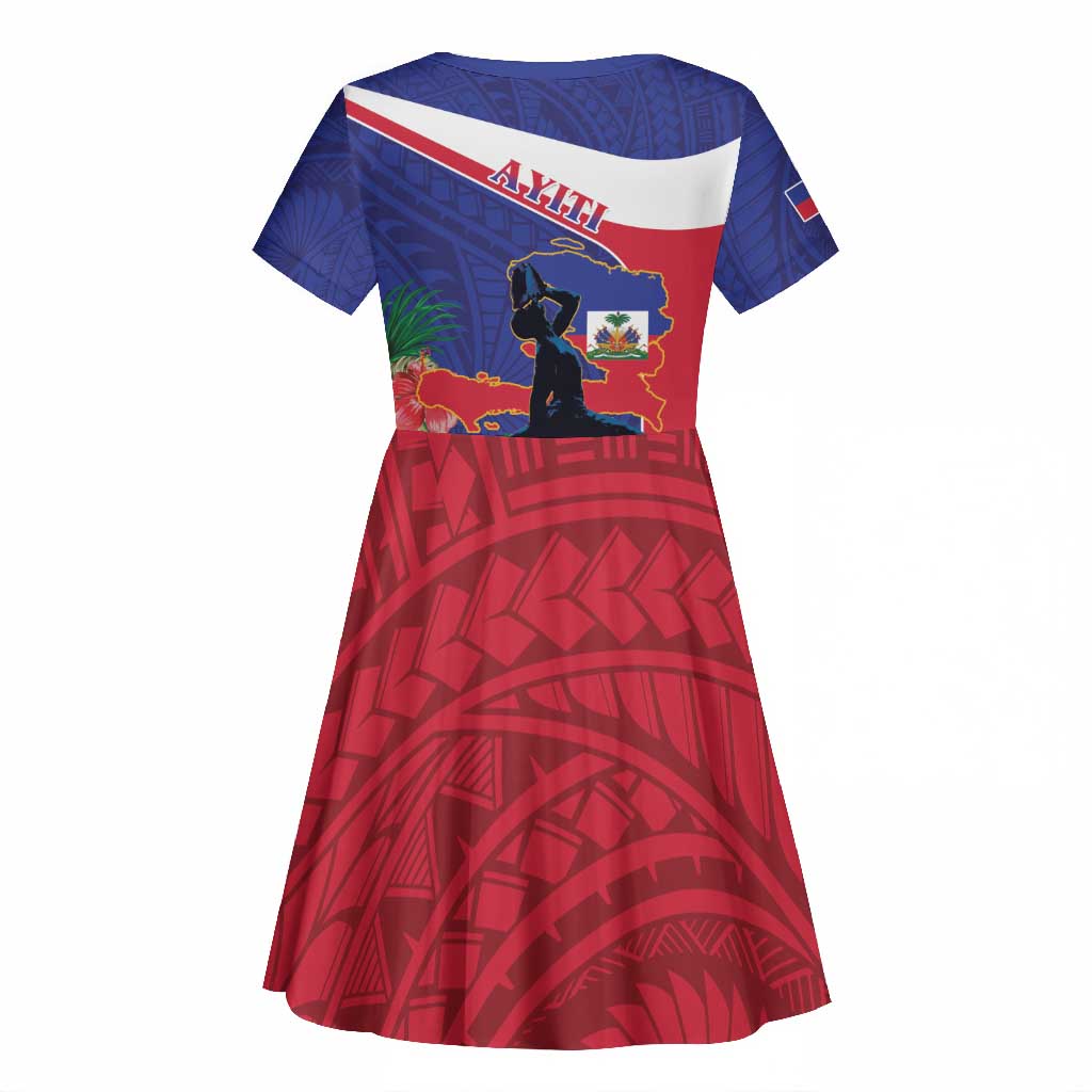 Haiti Neg Marron Kid Short Sleeve Dress Ayiti Map - Hibiscus Polynesian Pattern - African Pride