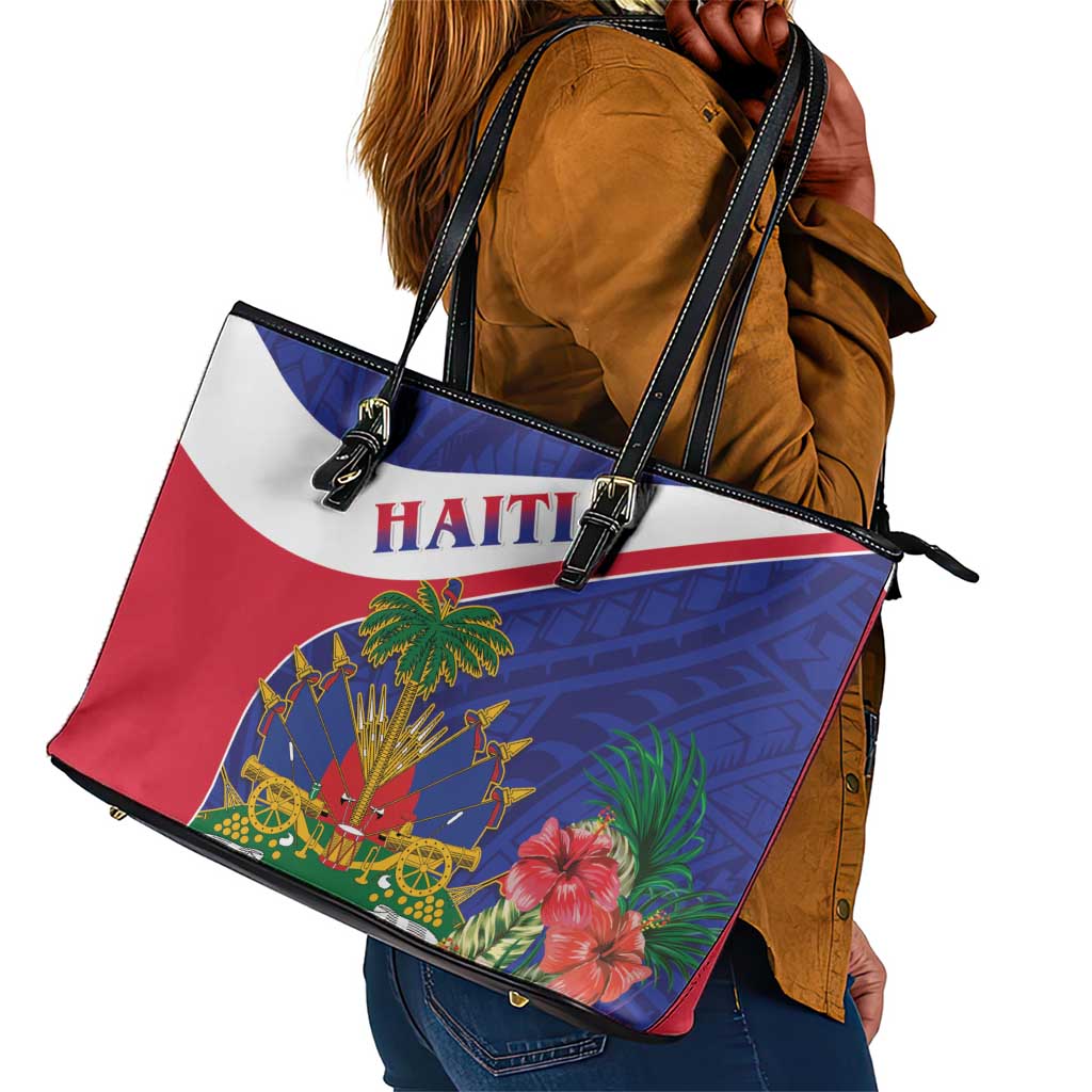 Haiti Neg Marron Leather Tote Bag Ayiti Map - Hibiscus Polynesian Pattern - African Pride