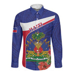 Haiti Neg Marron Long Sleeve Button Shirt Ayiti Map - Hibiscus Polynesian Pattern - African Pride
