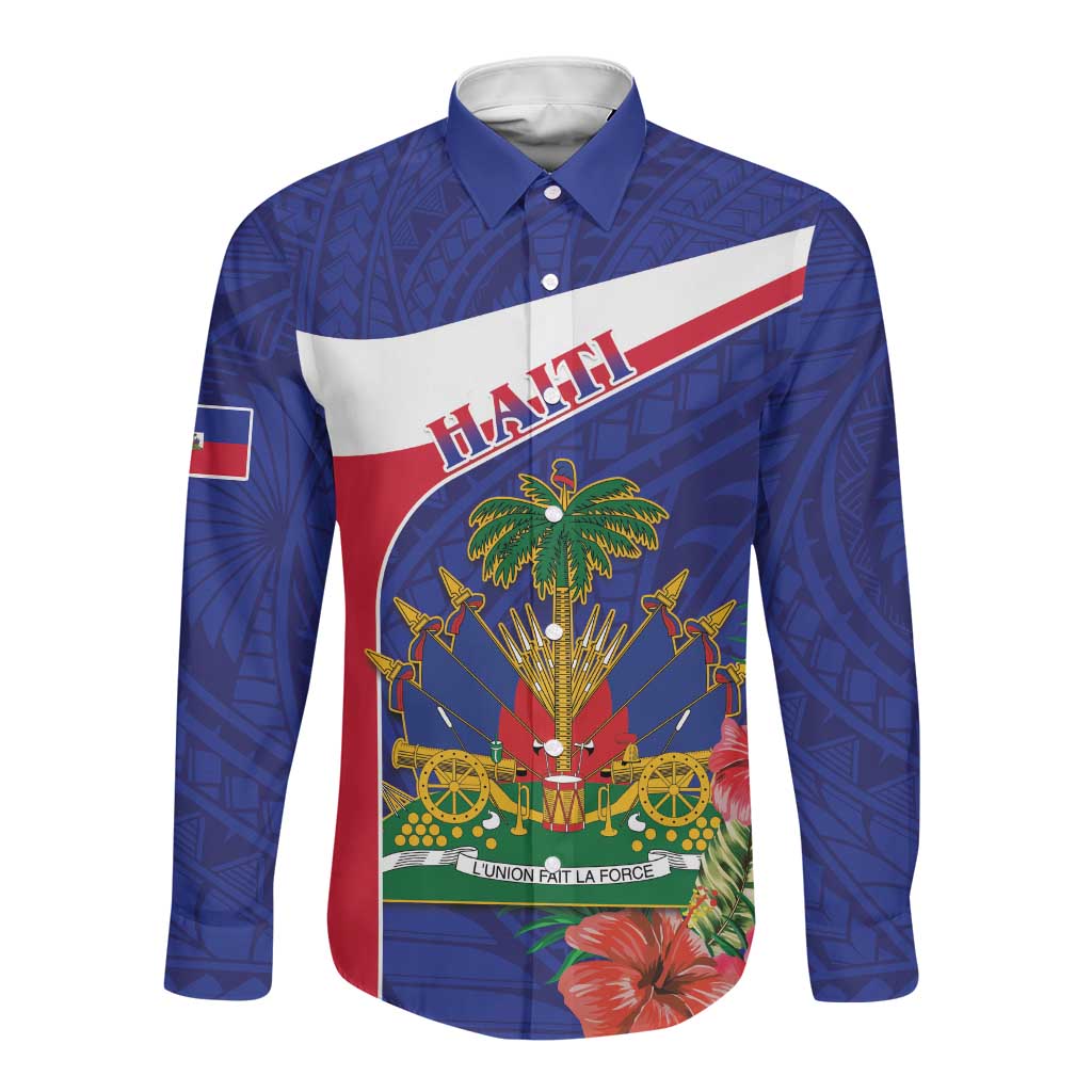 Haiti Neg Marron Long Sleeve Button Shirt Ayiti Map - Hibiscus Polynesian Pattern - African Pride