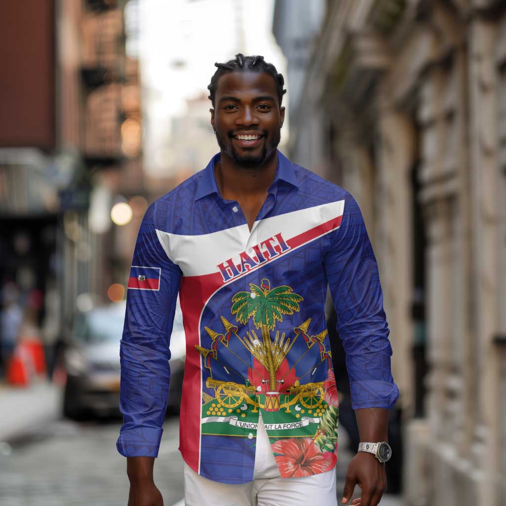Haiti Neg Marron Long Sleeve Button Shirt Ayiti Map - Hibiscus Polynesian Pattern - African Pride