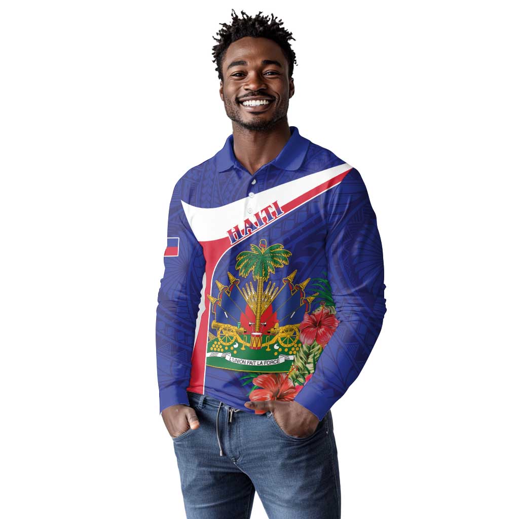 Haiti Neg Marron Long Sleeve Polo Shirt Ayiti Map - Hibiscus Polynesian Pattern - African Pride