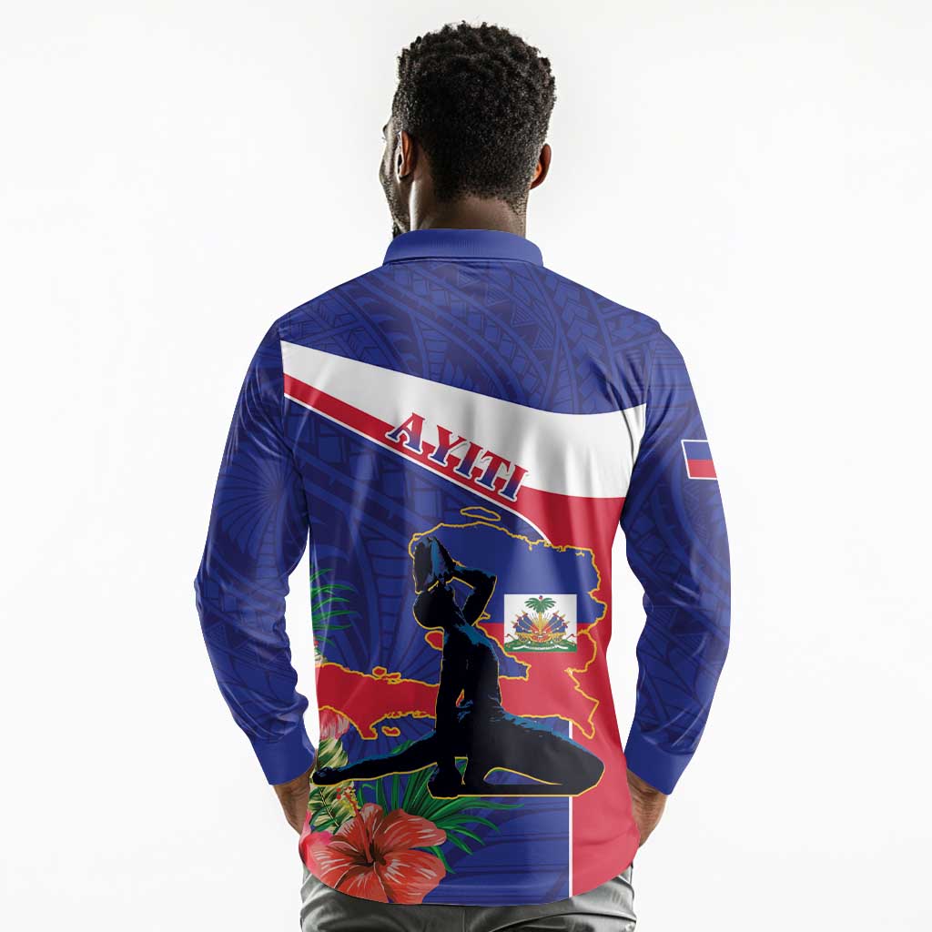 Haiti Neg Marron Long Sleeve Polo Shirt Ayiti Map - Hibiscus Polynesian Pattern - African Pride