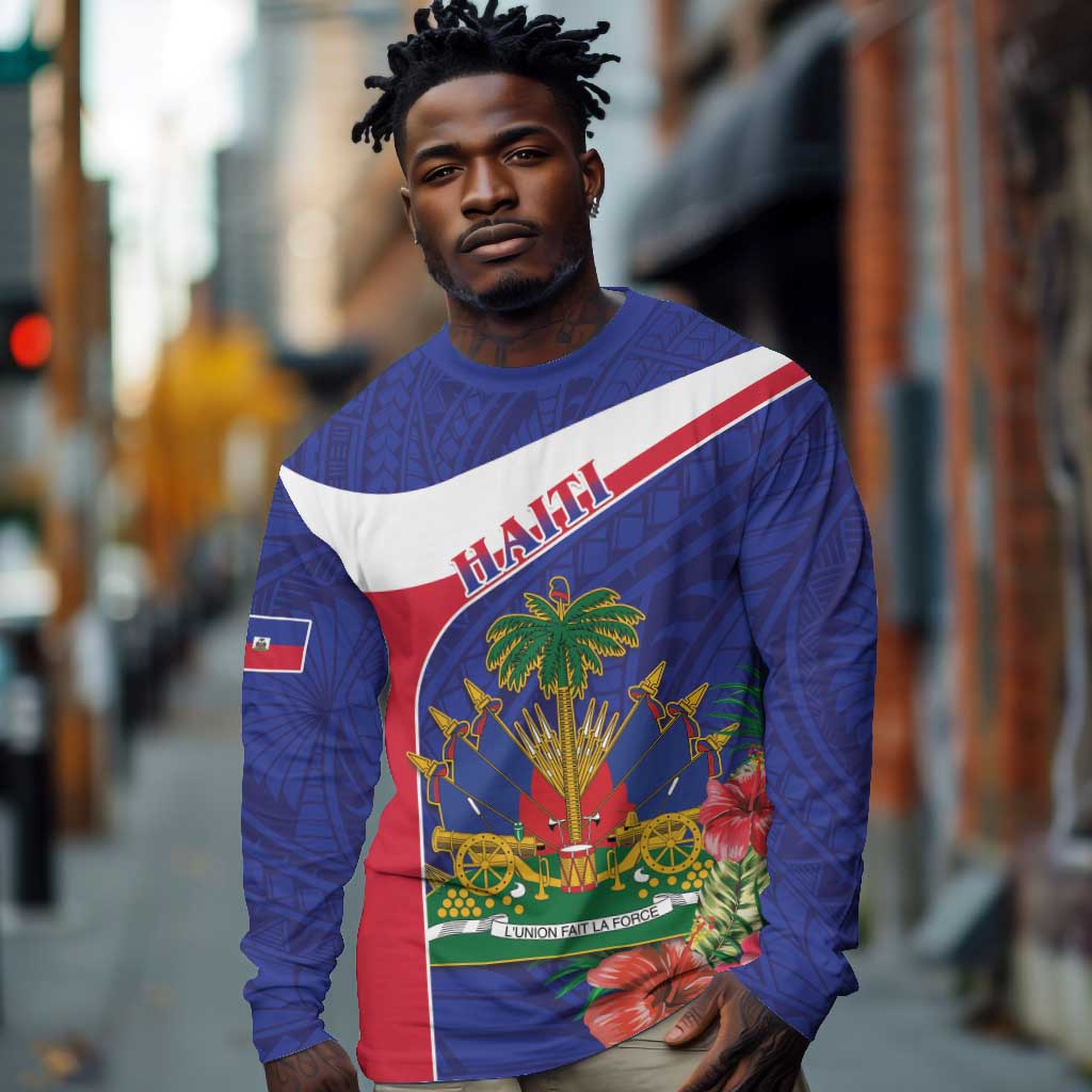 Haiti Neg Marron Long Sleeve Shirt Ayiti Map - Hibiscus Polynesian Pattern - African Pride