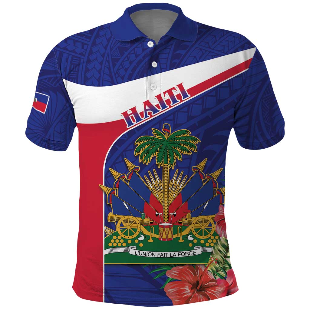 Haiti Neg Marron Polo Shirt Ayiti Map - Hibiscus Polynesian Pattern - African Pride