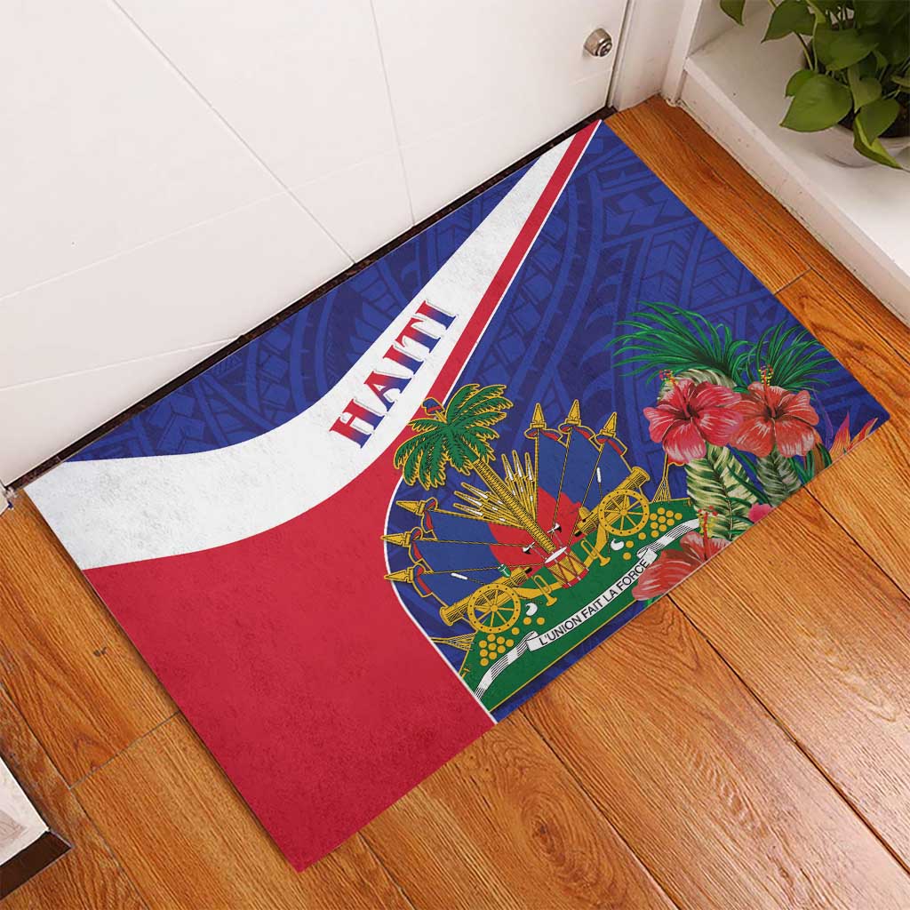 Haiti Neg Marron Rubber Doormat Ayiti Map - Hibiscus Polynesian Pattern - African Pride