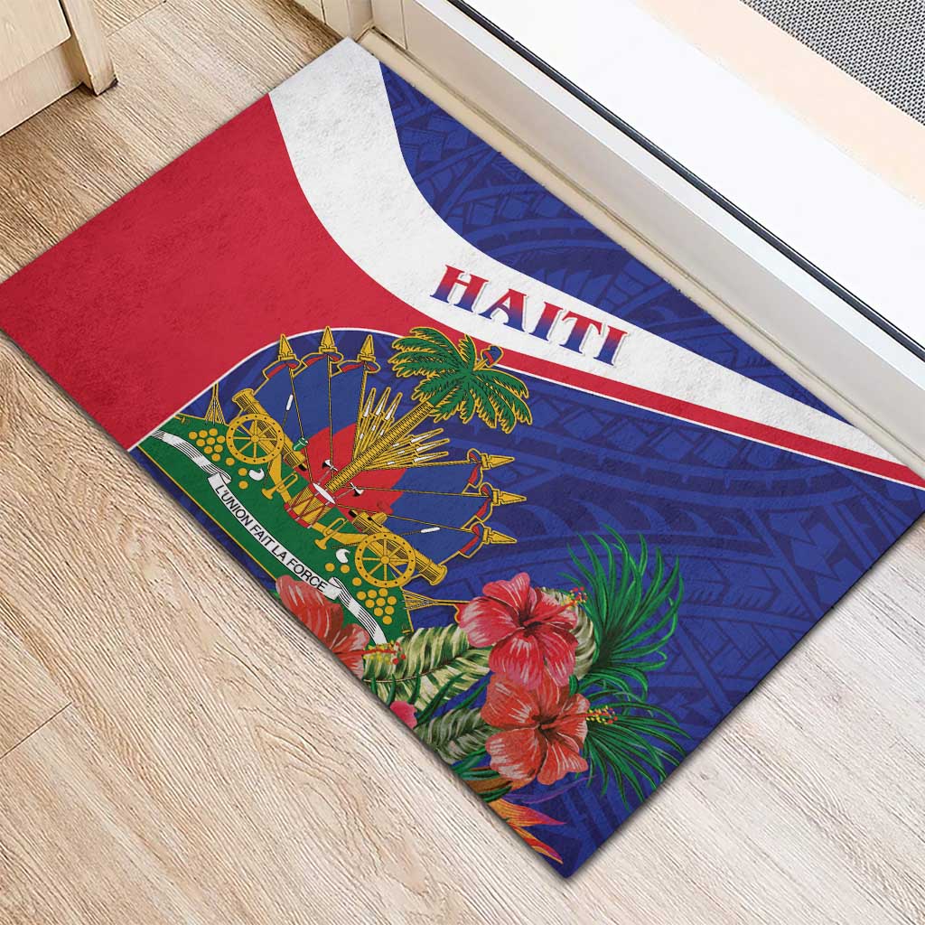 Haiti Neg Marron Rubber Doormat Ayiti Map - Hibiscus Polynesian Pattern - African Pride