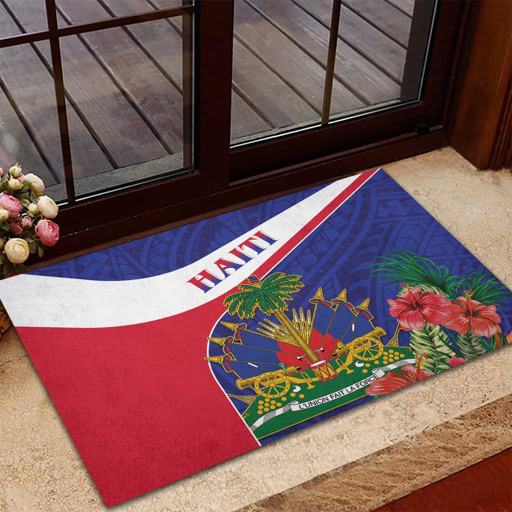 Haiti Neg Marron Rubber Doormat Ayiti Map - Hibiscus Polynesian Pattern - African Pride