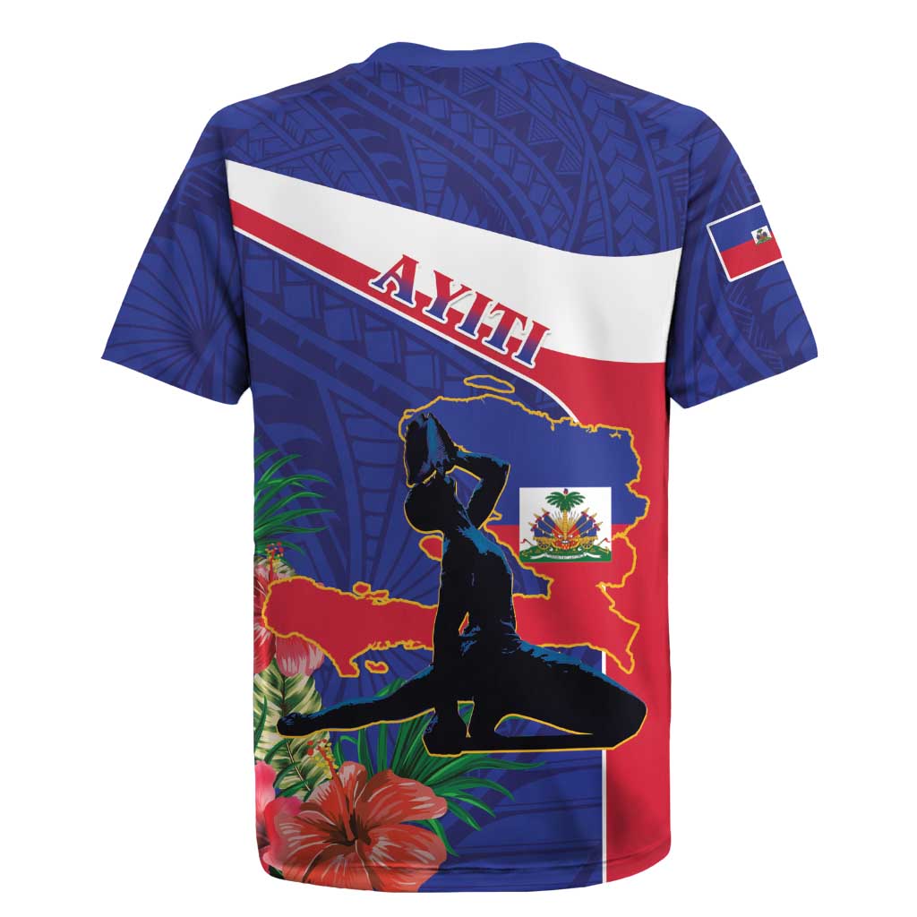 Haiti Neg Marron Rugby Jersey Ayiti Map - Hibiscus Polynesian Pattern - African Pride