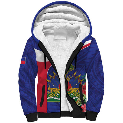 Haiti Neg Marron Sherpa Hoodie Ayiti Map - Hibiscus Polynesian Pattern - African Pride