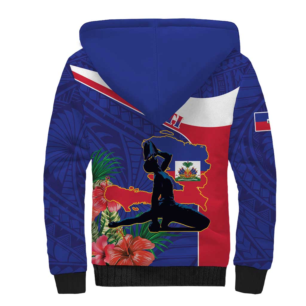 Haiti Neg Marron Sherpa Hoodie Ayiti Map - Hibiscus Polynesian Pattern - African Pride