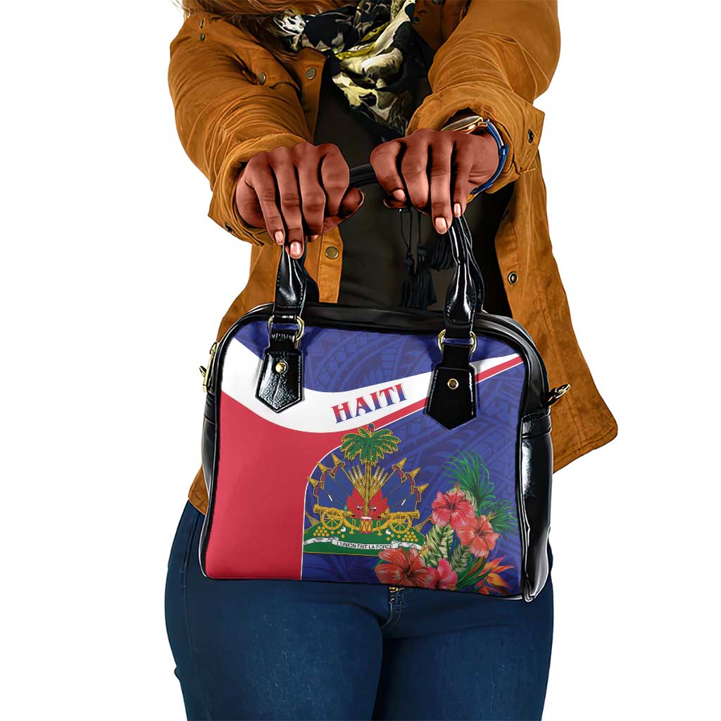 Haiti Neg Marron Shoulder Handbag Ayiti Map - Hibiscus Polynesian Pattern - African Pride