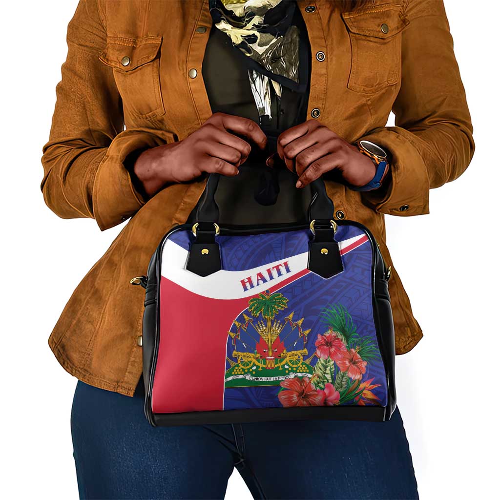 Haiti Neg Marron Shoulder Handbag Ayiti Map - Hibiscus Polynesian Pattern - African Pride
