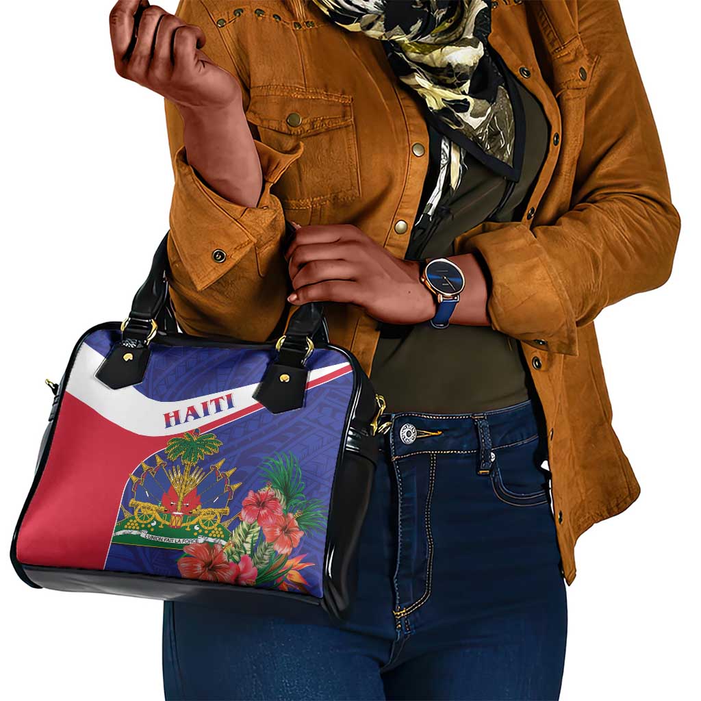 Haiti Neg Marron Shoulder Handbag Ayiti Map - Hibiscus Polynesian Pattern - African Pride