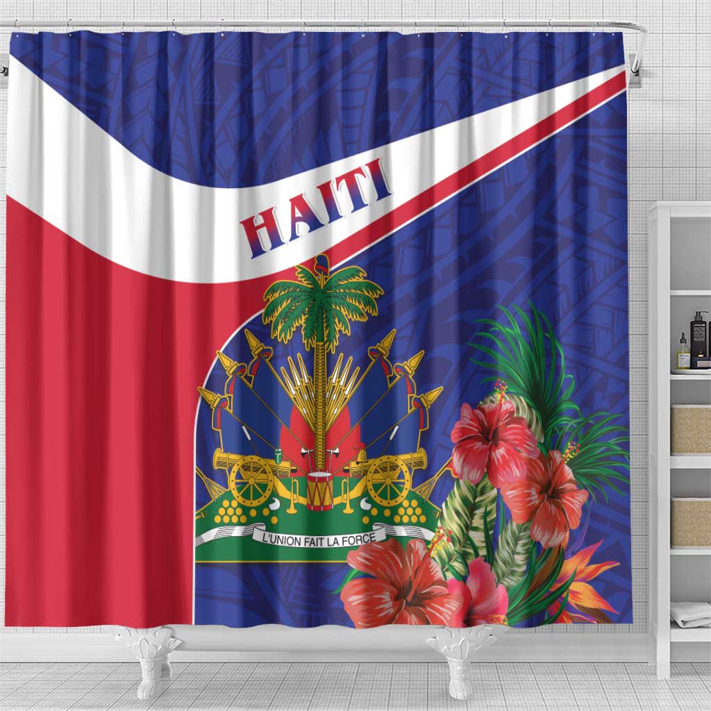 Haiti Neg Marron Shower Curtain Ayiti Map - Hibiscus Polynesian Pattern - African Pride