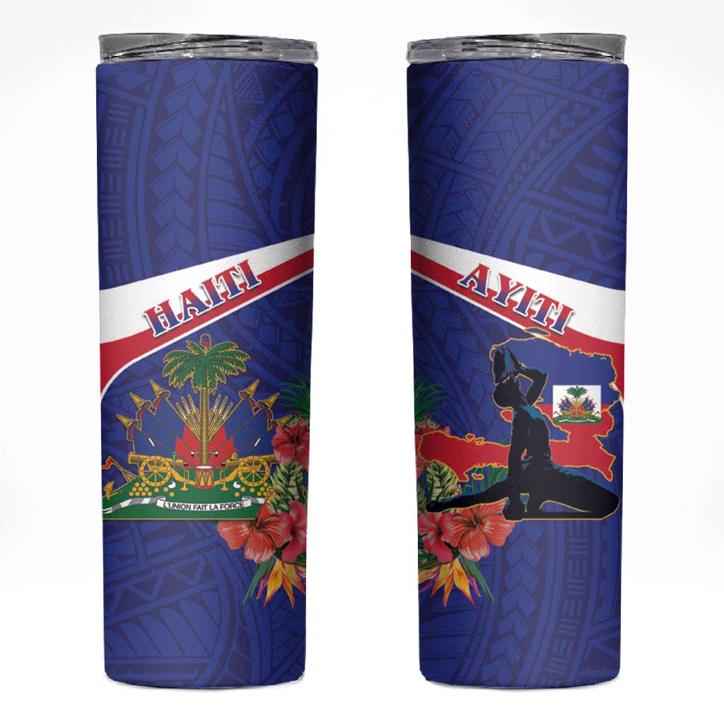 Haiti Neg Marron Skinny Tumbler Ayiti Map - Hibiscus Polynesian Pattern - African Pride