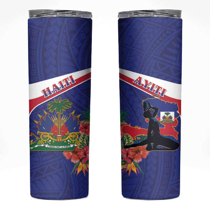 Haiti Neg Marron Skinny Tumbler Ayiti Map - Hibiscus Polynesian Pattern - African Pride