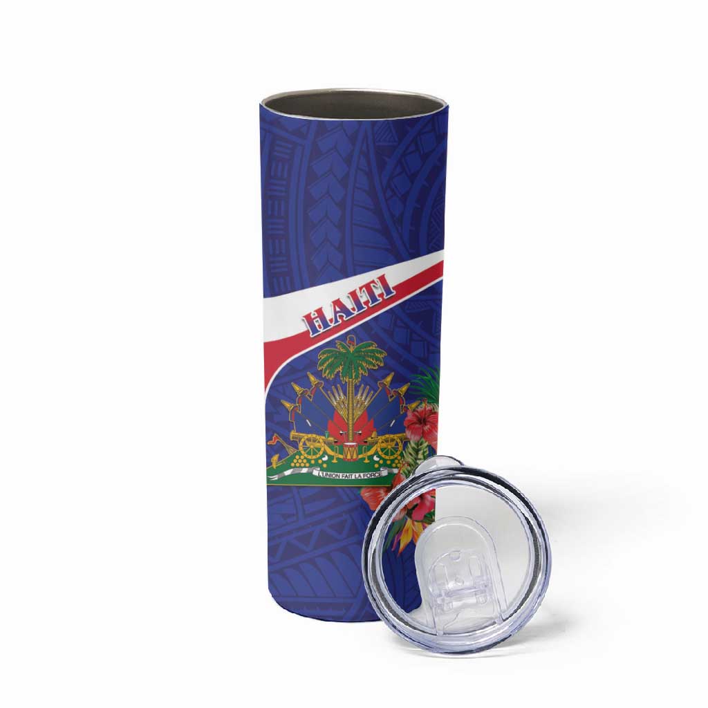Haiti Neg Marron Skinny Tumbler Ayiti Map - Hibiscus Polynesian Pattern - African Pride