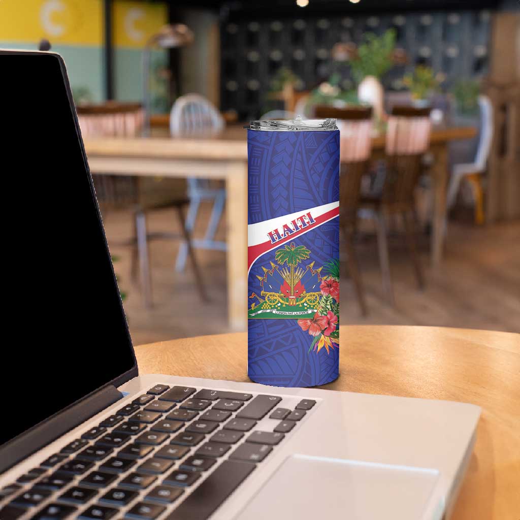Haiti Neg Marron Skinny Tumbler Ayiti Map - Hibiscus Polynesian Pattern - African Pride