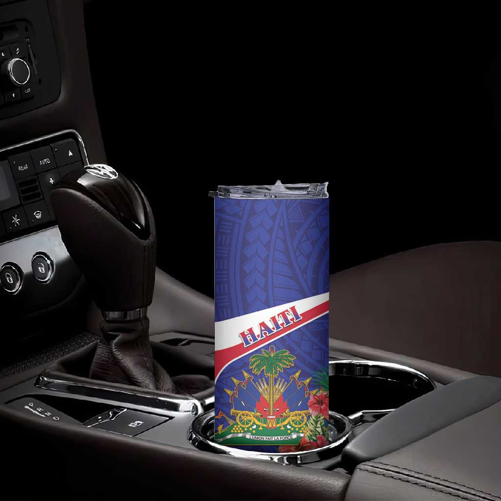 Haiti Neg Marron Skinny Tumbler Ayiti Map - Hibiscus Polynesian Pattern - African Pride