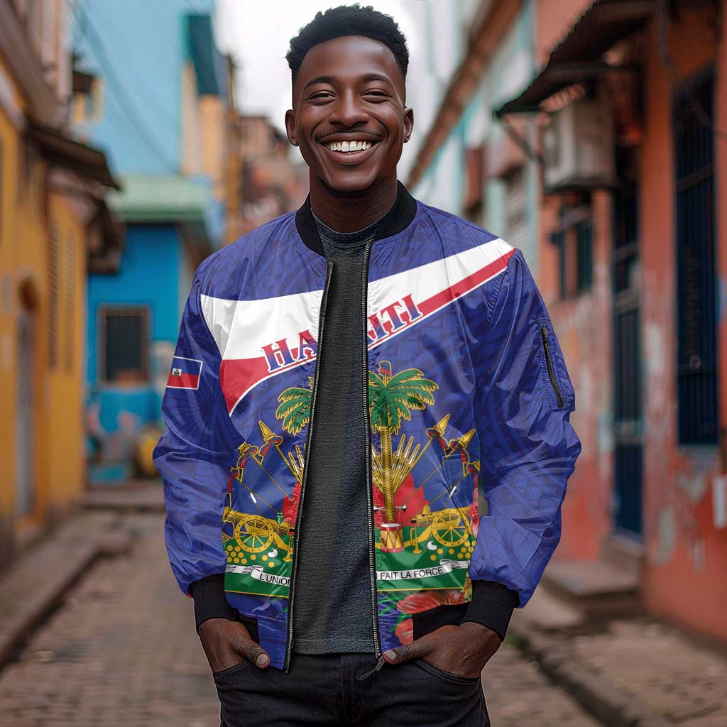 Haiti Neg Marron Sleeve Zip Bomber Jacket Ayiti Map - Hibiscus Polynesian Pattern - African Pride