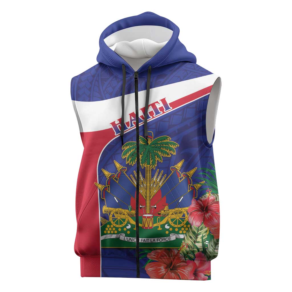 Haiti Neg Marron Sleeveless Zip Hoodie Ayiti Map - Hibiscus Polynesian Pattern - African Pride