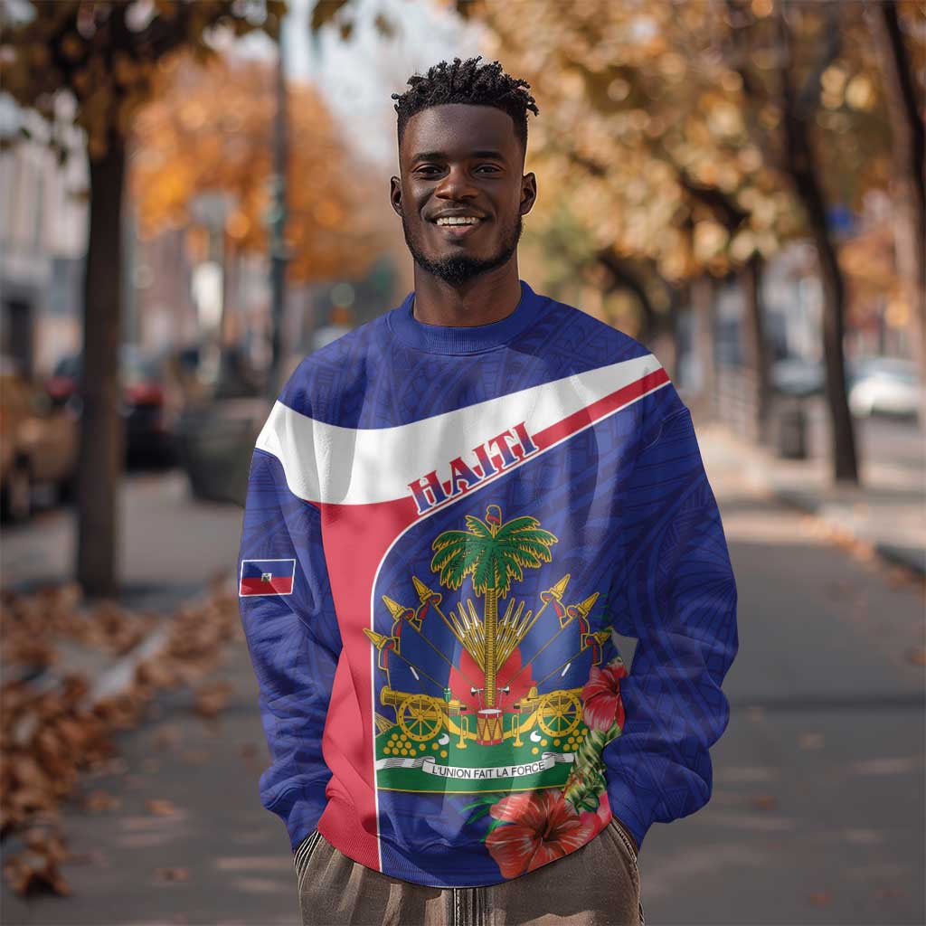 Haiti Neg Marron Sweatshirt Ayiti Map - Hibiscus Polynesian Pattern - African Pride