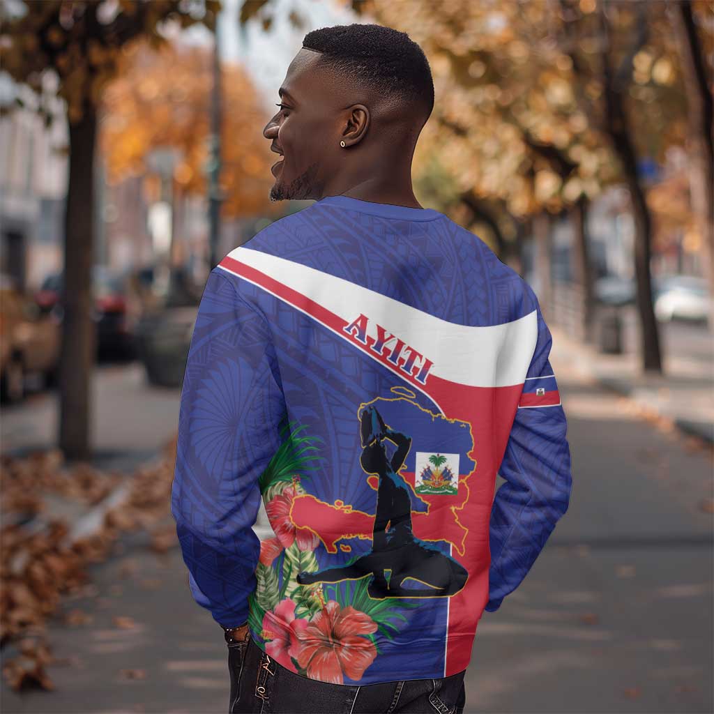 Haiti Neg Marron Sweatshirt Ayiti Map - Hibiscus Polynesian Pattern - African Pride