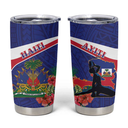 Haiti Neg Marron Tumbler Cup Ayiti Map - Hibiscus Polynesian Pattern - African Pride